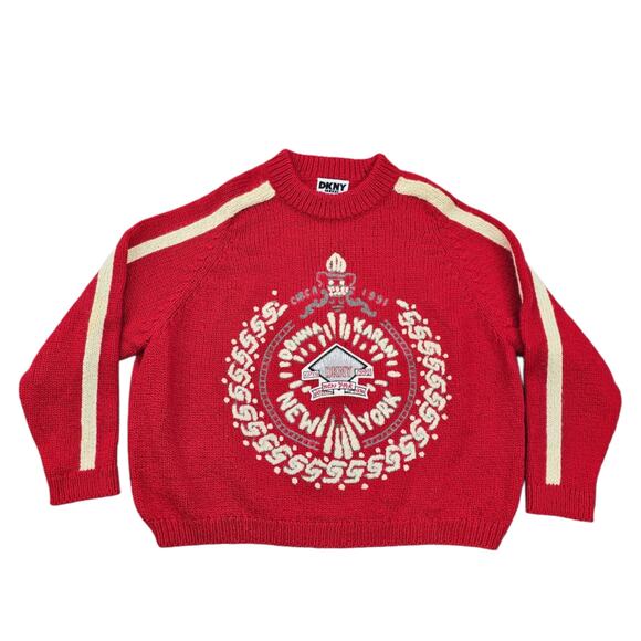 DKNY Jeans Sweater Red Handknit Wool Vintage 90s Donna Karan New York Size M/L - Picture 10 of 10